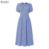 Women Summer Plaid Dress ZANZEA Elegant O Neck Short Sleeve Work Midi Sundress Woman Stylish A Line Holiday Robe Loose Dresses