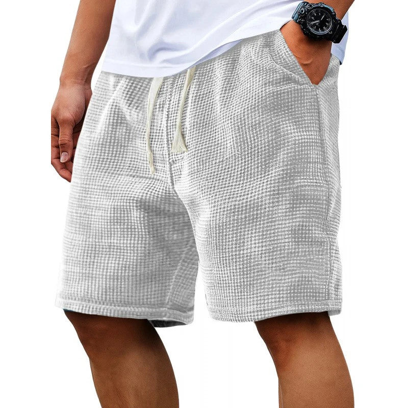 Men Shorts Solid Color Mid Waist Summer Motion Waffle Texture Deep Crotch Drawstring Mens Shorts Loose Knee Length Casual Short
