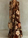 Women Lapel Collar Long Sleeve Floral Print Maxi Dress Waist‑Defined Flared Hem Long Gown For Holiday Formal Occasion