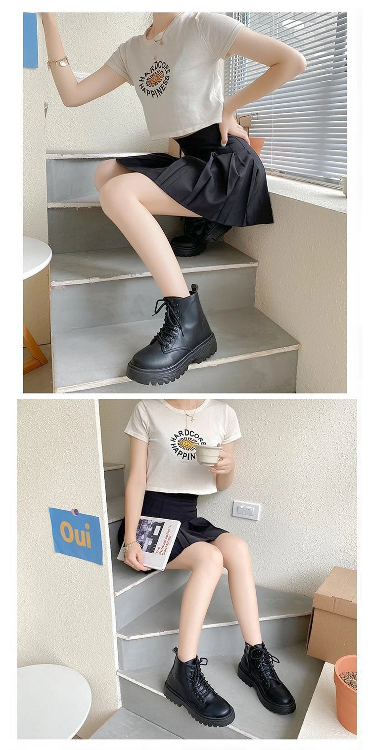 Plus Size 42 43 Women Motorcycle Ankle Boots Wedges Female Lace Up Platforms Black Leather Oxford Shoes Woman 2022 Botas Mujer