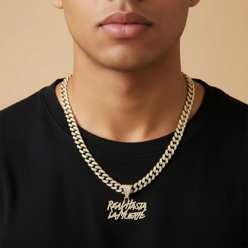 Hip-hop Cuban link necklace — "REAL HASTA LA MUERTE" pendant; gold and silver chains for a rapper-style look.