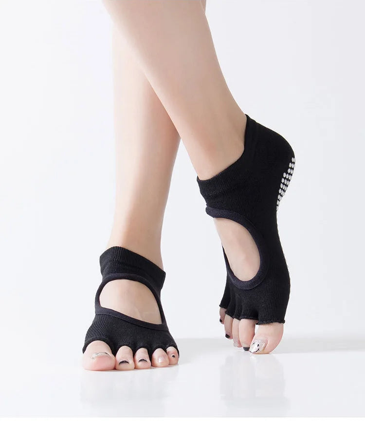 Women Backless Five Toe Yoga Socks Non-Slip Cotton Ladies Dance Ballet Socks Open Half Breathable Fitness Sport Sock for Pilates