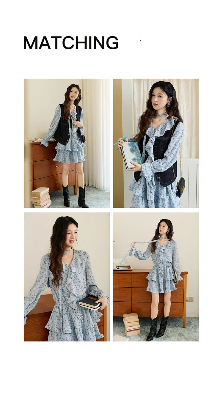 MISHOW Floral Dress for Women Cotton 2026 Spring Blue Luxury V-neck Ruffled Puff Sleeve Dress Party Midi Dress Woman MXE46L2517