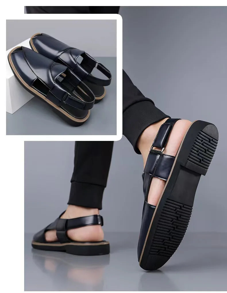 PU Leather Men's Sandals Handmade Stitching Beach Shoes Non Slip Hollow Out Shoes Outdoor Casual Sandaly All-match Man Sandalias