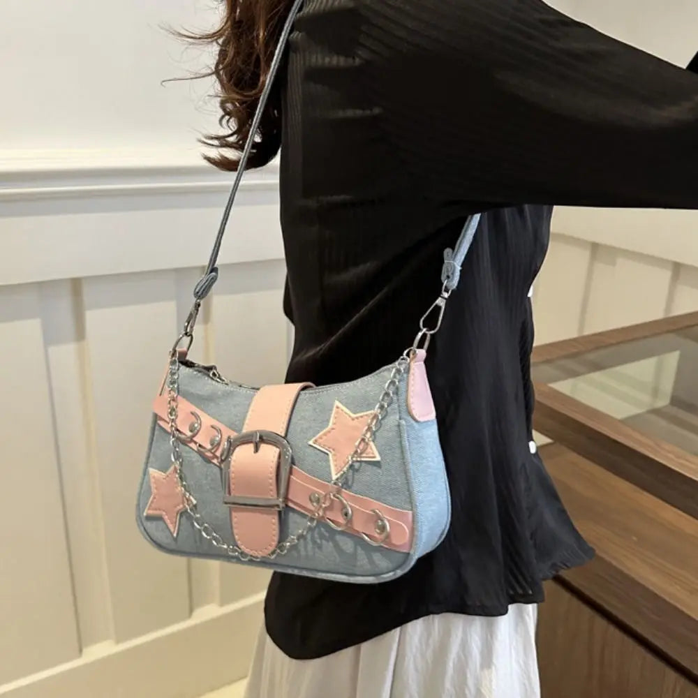 Y2k Fashion Women's Handbags Stars Pattern Cool Girls Underarm Bag Fashion Female Small Shoulder Bags Chain Tote Purses