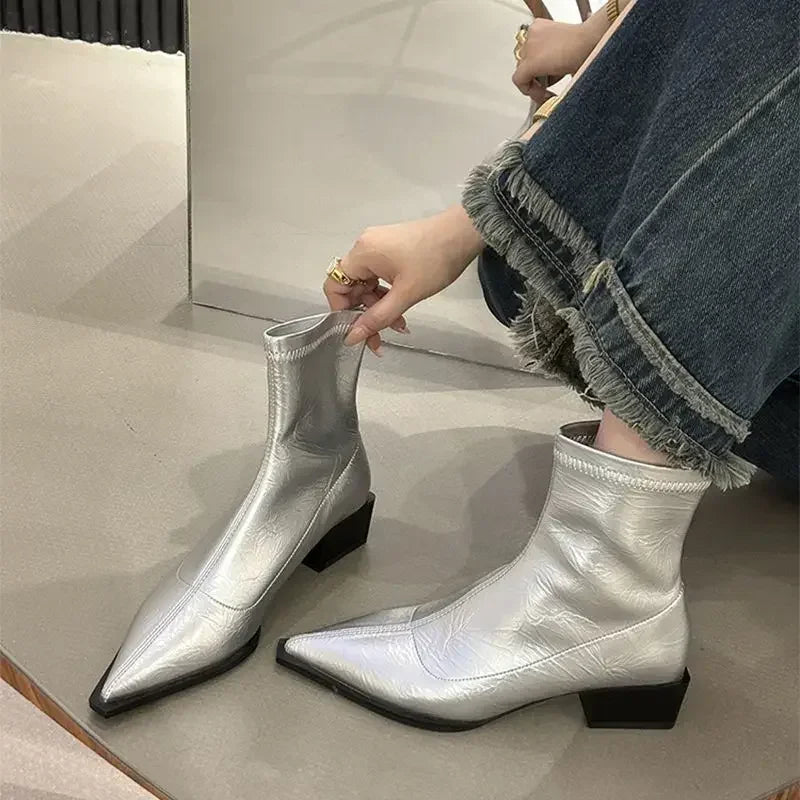 Pointed Toe Women Slim Ankle Boots Fashion Square Low Heel Ladies Elegant Back Zippers Short Booties Women's Footwear
