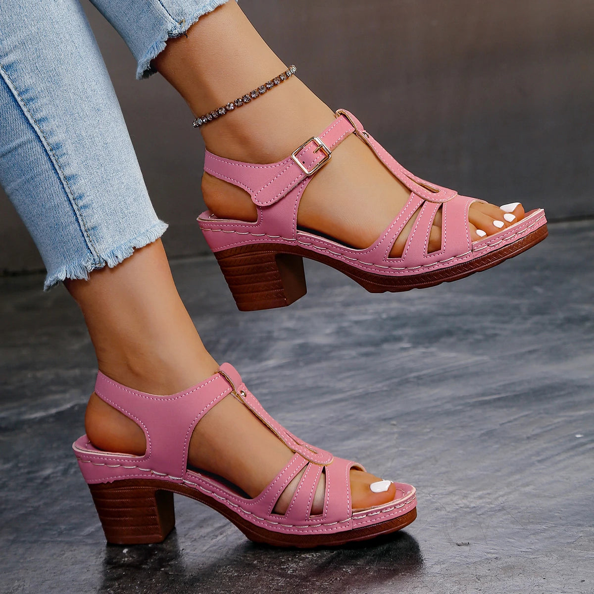 2026 Summer Plus Size 36-43 Sandals for Women, Stitched Thick High Heel, Comfortable Peep Toe, Single Strap Women's Sandals 43