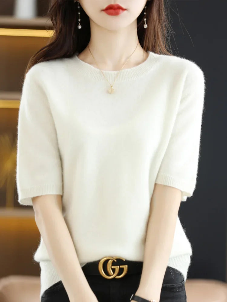 Spring Autumn Women Sweaters Short Sleeves O-neck Bottoming Shirts Knitwear 2026 Summer Knit Tops Pullovers Korean Jumpers