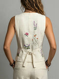 Spring Summer Autumn Linen Gilet with Unique Random Embroidery, Elegant Versatile Commuter Outer‑wear Vest