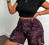 Plus size women's camouflage drawstring cargo shorts; high waist loose big pocket knee-length shorts; hot girl street style knee-length shorts