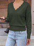 Lightweight Knit Sweaters Top For Women Daily Wear Scallop Edges V Neck Pullover Tops Autumn And Winter Long Sleeved
