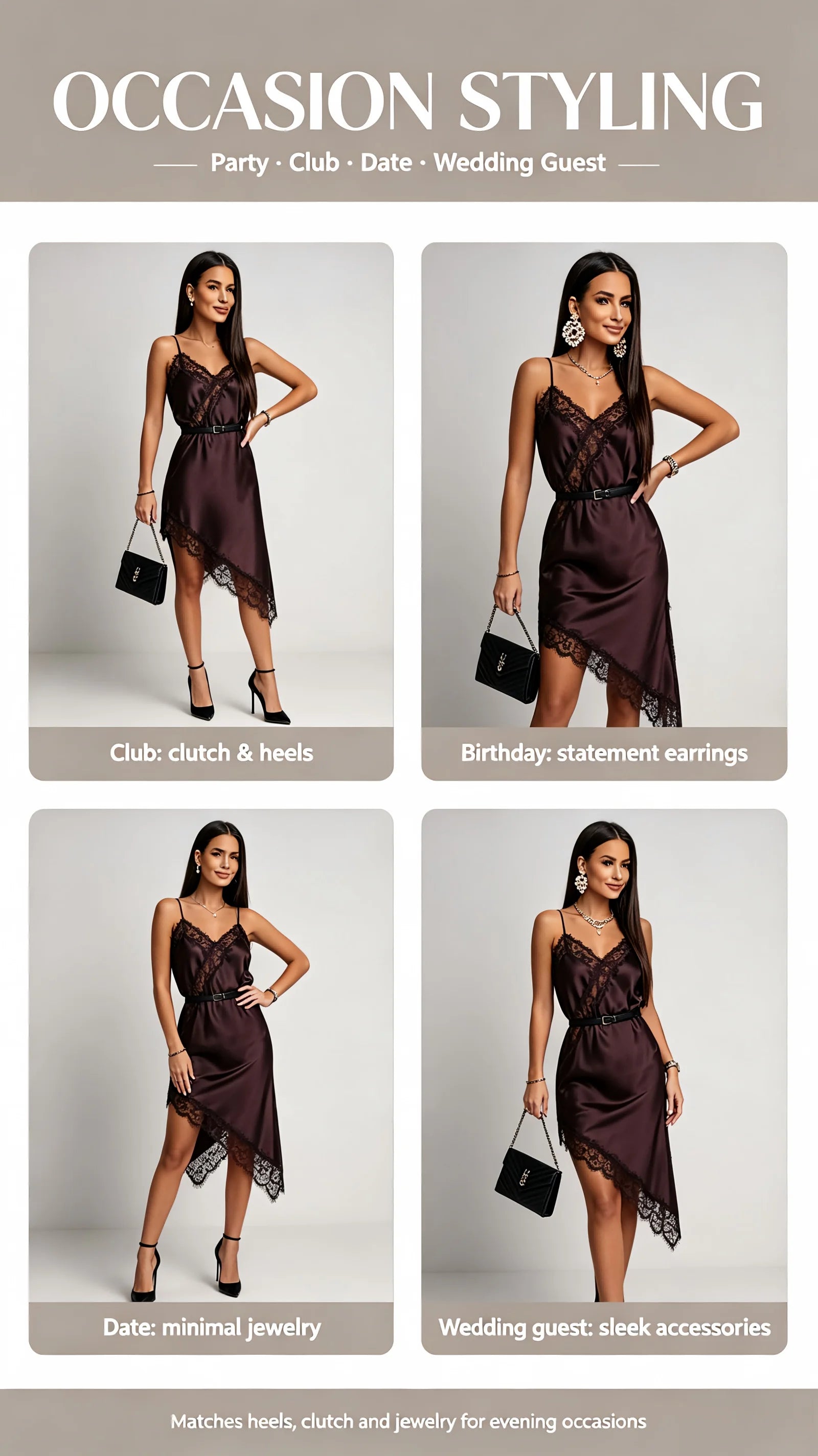 Women Dark Brown Satin Lace Slip Dress Spaghetti Strap V-Neck Asymmetrical Hem Elegant Party Cocktail Evening Dresses