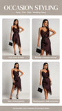 Women Dark Brown Satin Lace Slip Dress Spaghetti Strap V-Neck Asymmetrical Hem Elegant Party Cocktail Evening Dresses