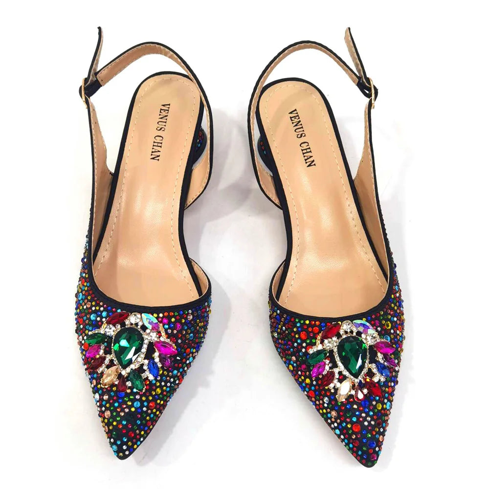 Venus Chan Royal Blue Sandals for Women 2024 Luxury Wedding Pumps Med Heels Rhinestone Design Party Shoes and Bags Set