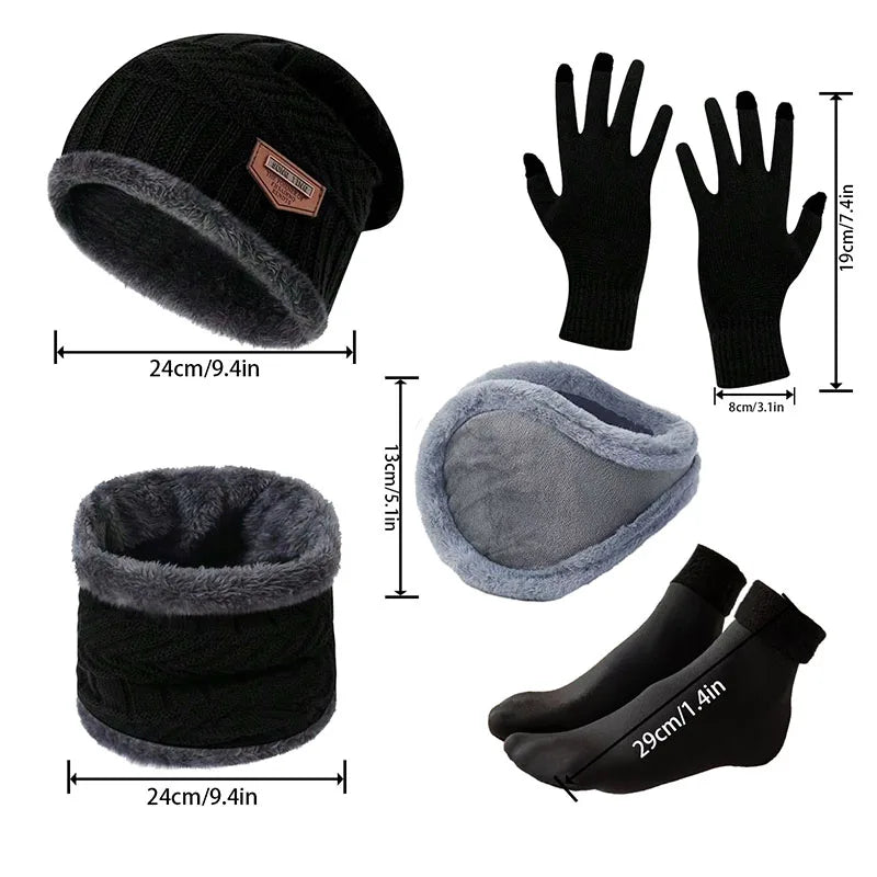 Winter Warm Hat Set Men's and Ear Protectors with Knitted Hats Gloves Neck Hoods Anti Slip Socks Five Piece Set