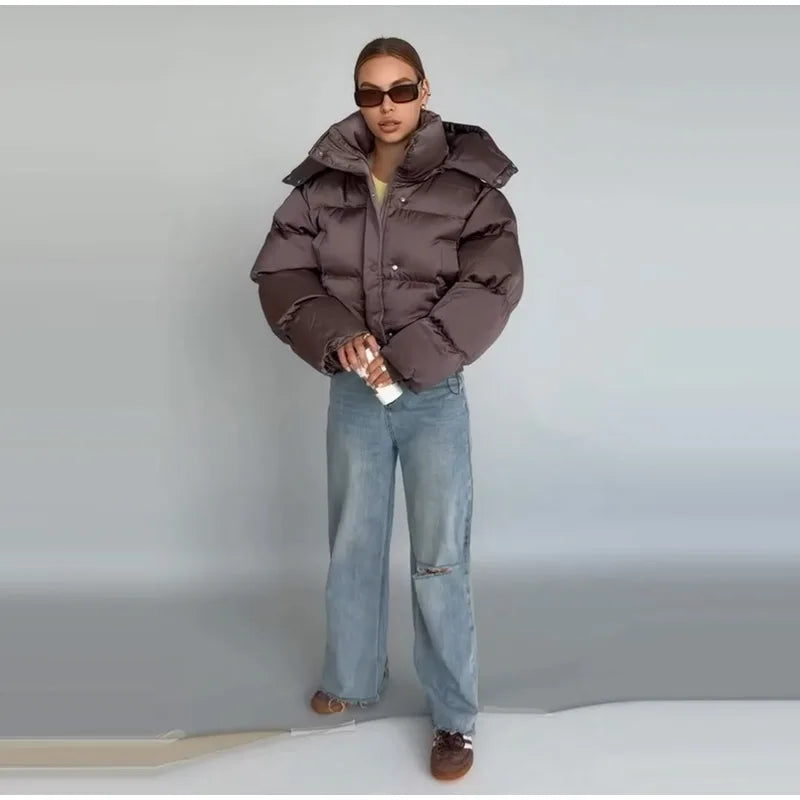 Winter Hooded Jacket Short Top Cropped Drawstring Waist Coat Woman Long Sleeve Warm Quilted Out Jackets Streetwear Lady Clothes