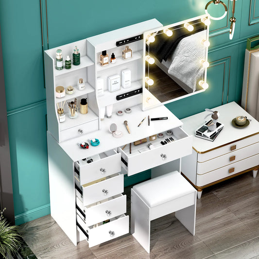 Teousev White LED Makeup Vanity Set with Sliding Mirror, 3-Color Dimmable Lights, 6 Drawers & Stool, Modern Dressing Table