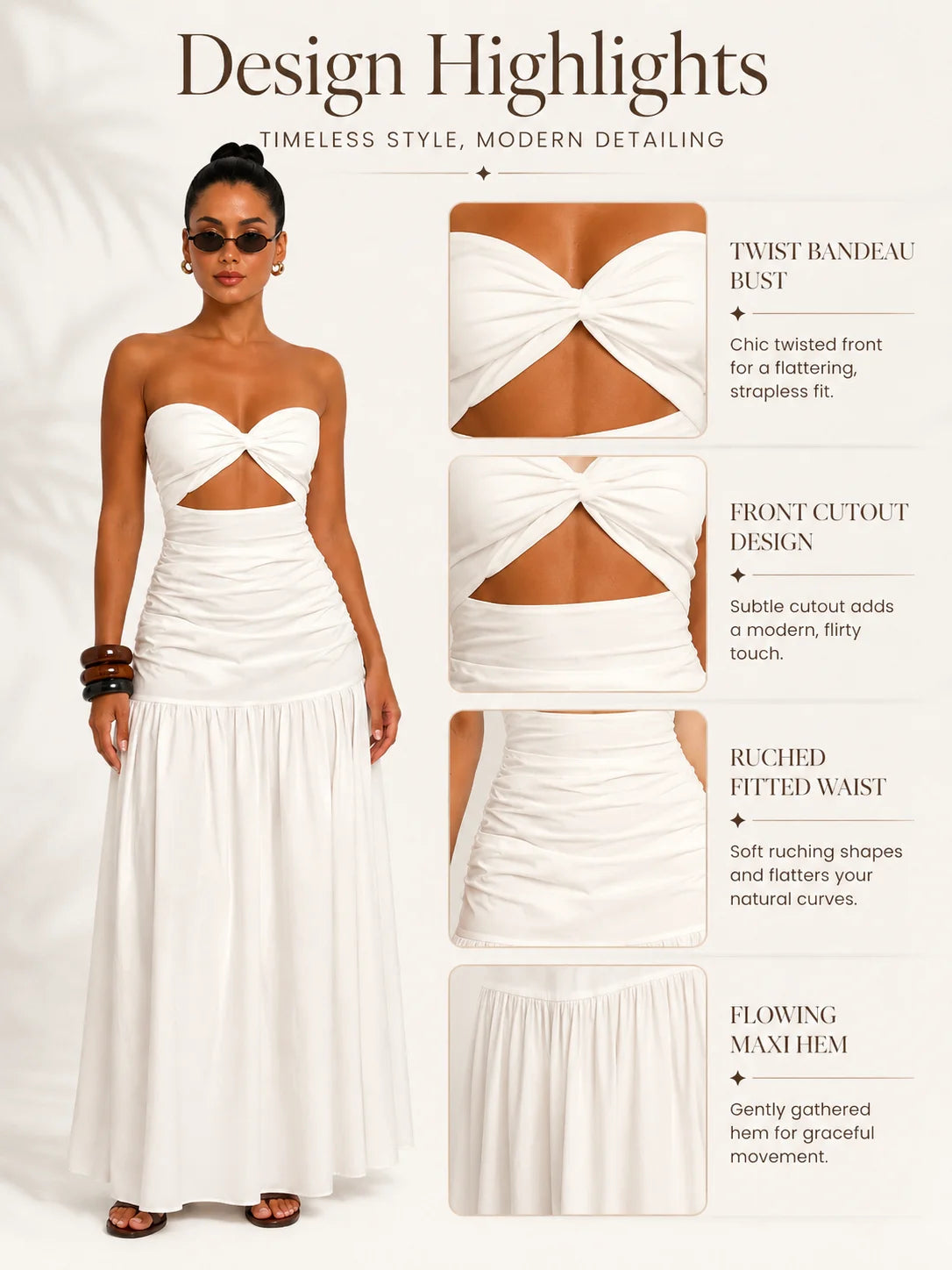 Women Strapless Twist Cutout Maxi Dress Ruched Waist Flowy A Line Long Tube Top Dress Summer Beach Vacation Casual Sundress