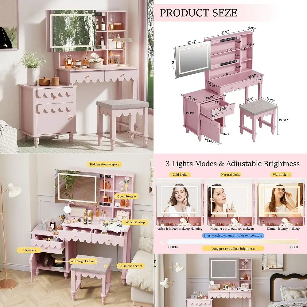 Makeup Vanity Desk With 3 Color Touch Screen Lighted Sliding Mirror, Scalloped Large Vanity Table Set with Storage amp Drawers
