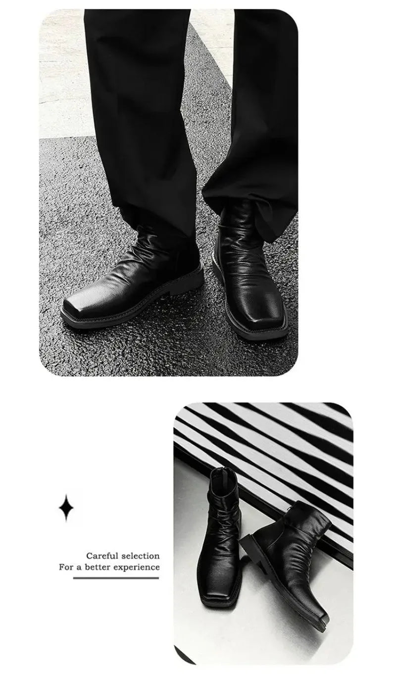 Hot-Selling Leather Boots for Men Fad Square Toe Drape Casual Chelsea Boot British High-end Cool High Top Men Boots Botas Hombre