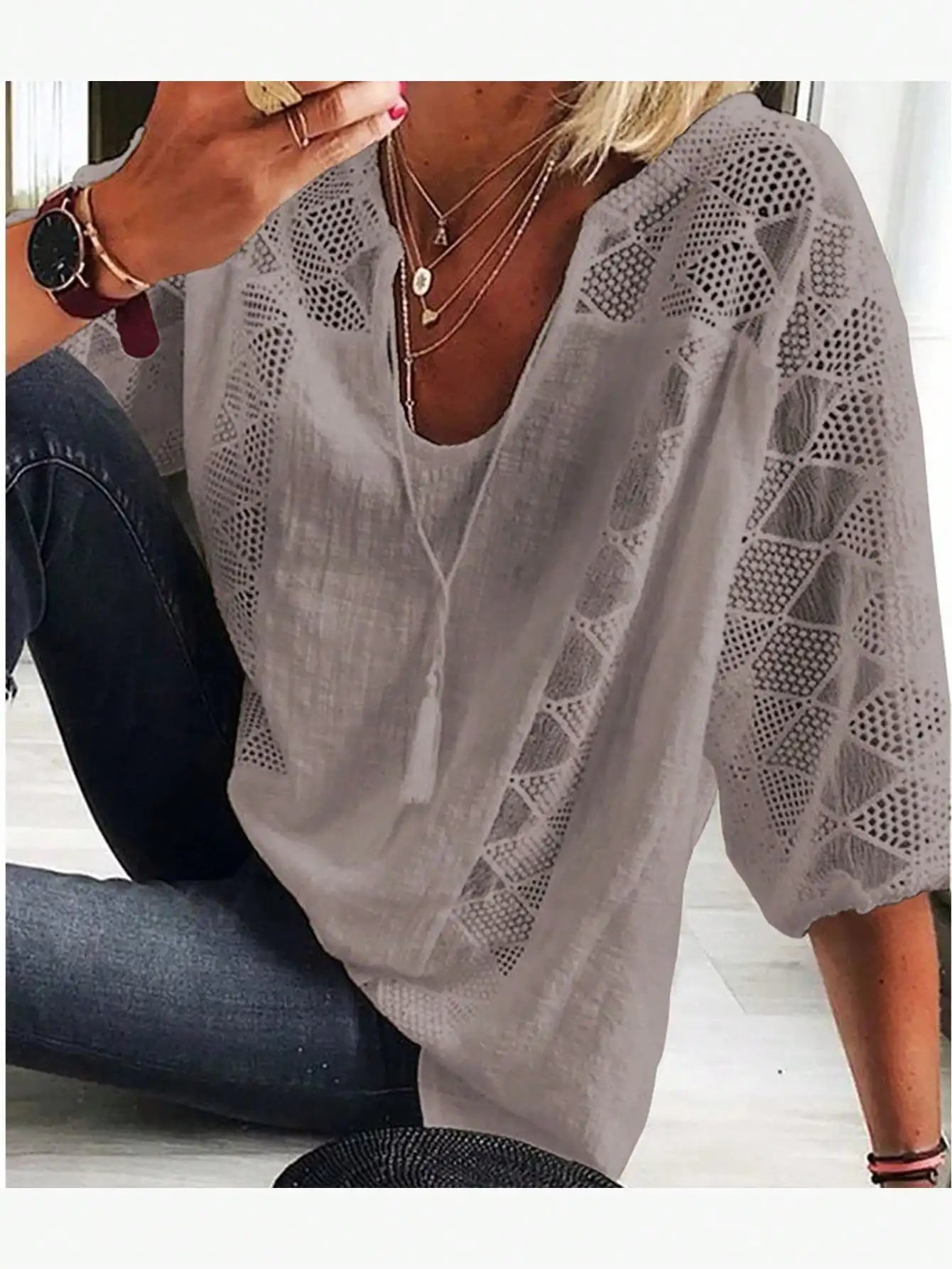 Women's Summer Cotton Shirt, Solid Color Casual Hollow U-Neck 3/4 Sleeve Lace Shirt, Women's Solid Color Lace Stitched Short-Sleeve T-Shirt, Loose Shirt, Women's Top, Short-Sleeve Loose Fit
