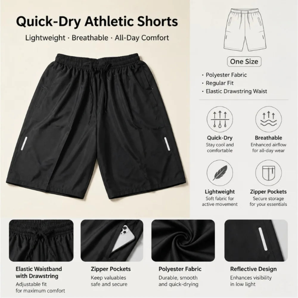 One Size Men Polyester Quick Dry Athletic Shorts Elastic Drawstring Zipper Pockets Jogging Workout Running Sport Shorts