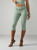 MISSGUIDED Women's Red Capri Leggings With Gold Hardware Detail Waistband Mid Rise Cropped Pants Spring Summer Fashion