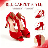 Elegant Women's High Heel Sandals Open Toe T Strap Faux Suede Back Zip Ankle Strap Dress Shoes for Wedding Bridal Evening Party Cocktail Prom Office Work Date Night Casual Summer Fashion Heeled Footwear Black Red Yellow Nude