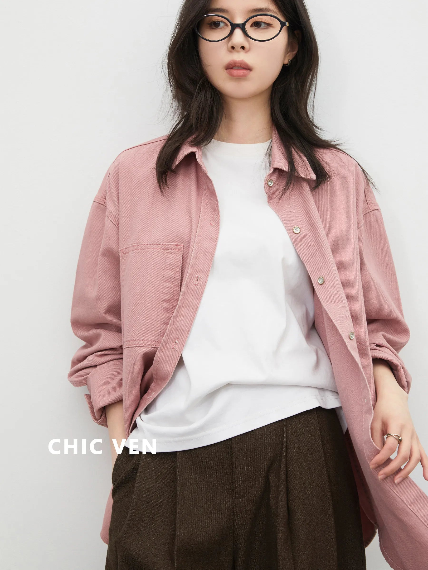 CHIC VEN Fashion Women Shirt Loose Casual Pink Long Sleeve Vintage Cotton Female Blouses Spring Summer 2026 Woman Jacket