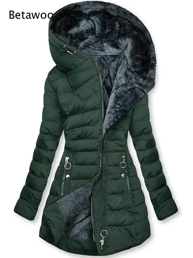 Women Hooded Warm Padded Jacket Fleece Lined Interior Diagonal Zipper Slim Silhouette Mid Length Winter Outer Coat
