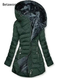 Women Hooded Warm Padded Jacket Fleece Lined Interior Diagonal Zipper Slim Silhouette Mid Length Winter Outer Coat
