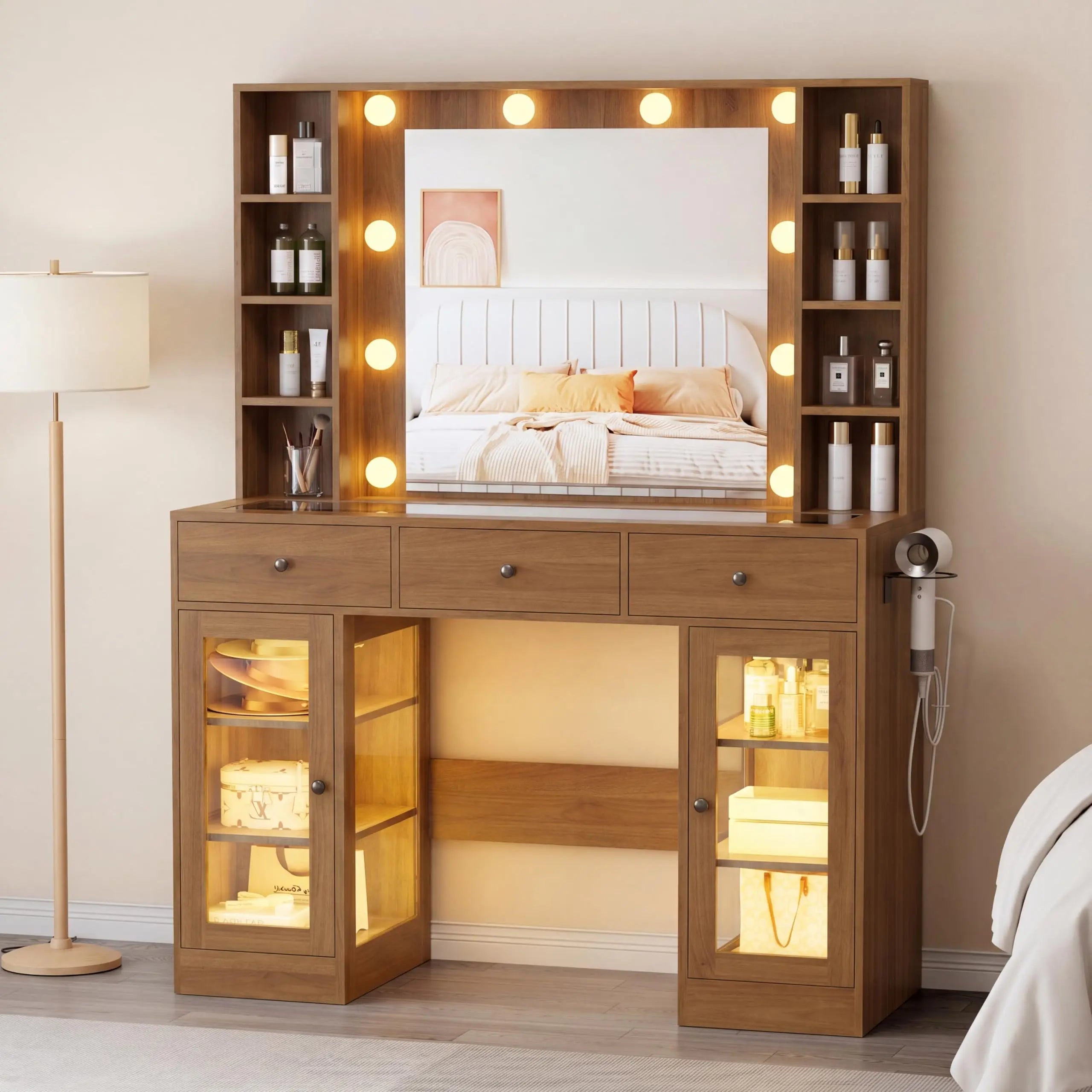 Makeup Vanity Desk with Mirror and Lights, Black Vanity with Glass Top, LED Lights & Power Outlet, 3 Drawers & 2 RGB