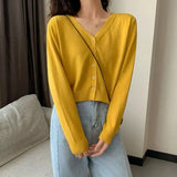 2026 Women Long Sleeve Cropped Cardigan V Neck Button Down Knit Lady Autumn Spring Knitted Single-breasted Cardigan Sweaters