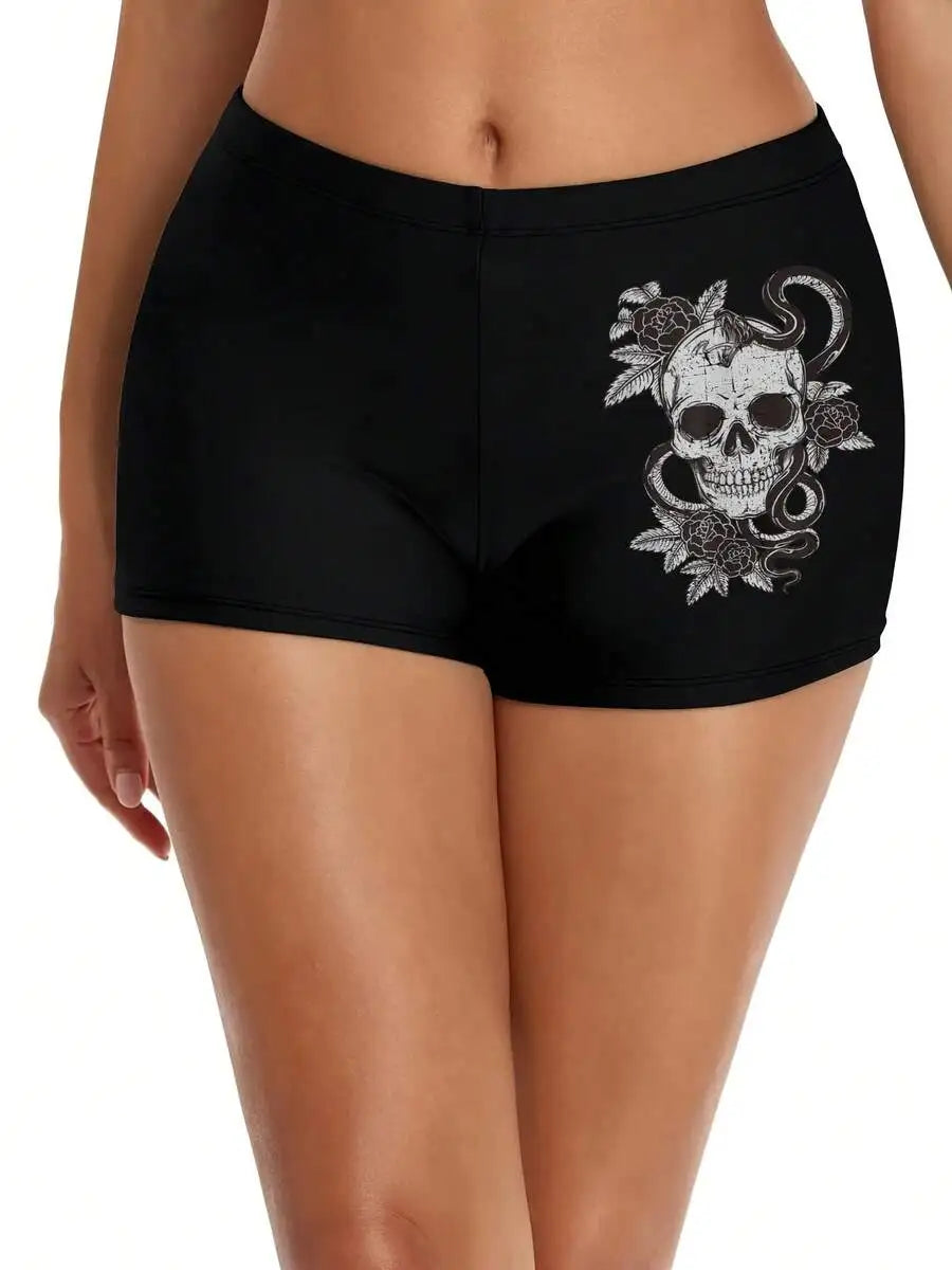 Vintage Skull Snake Rose Art Old Tattoo Women's Swim Shorts, High-Elasticity Quick-Dry, Printed Summer Bikini Shorts