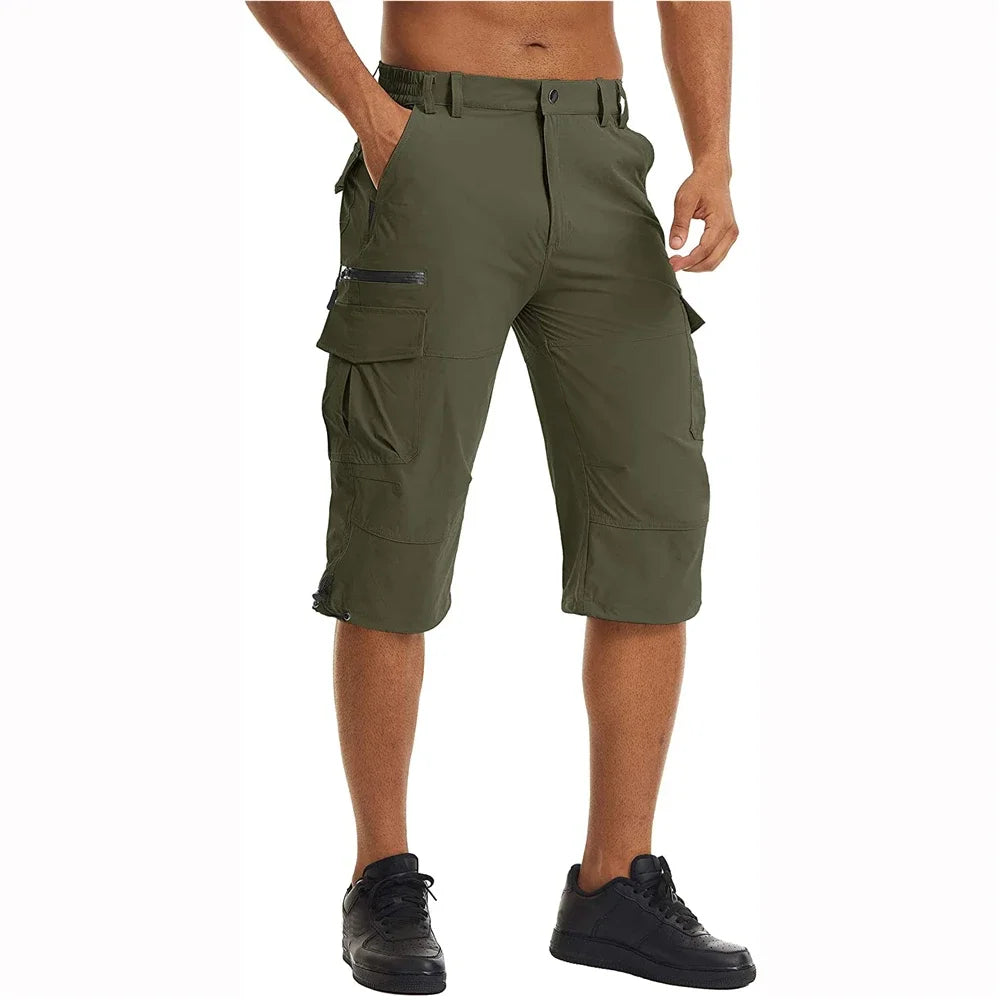 Men's Cargo Work Shorts Quick Dry 3/4 Length Capri Pants Multi-pockets Knee Length Trousers Summer Board Beach Shorts