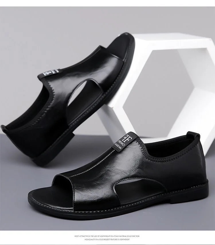 New Style Perforated, Breathable and Anti-Slip Outerwear Casual Leather Slip-On Sandals for Men Size 48 Large Size