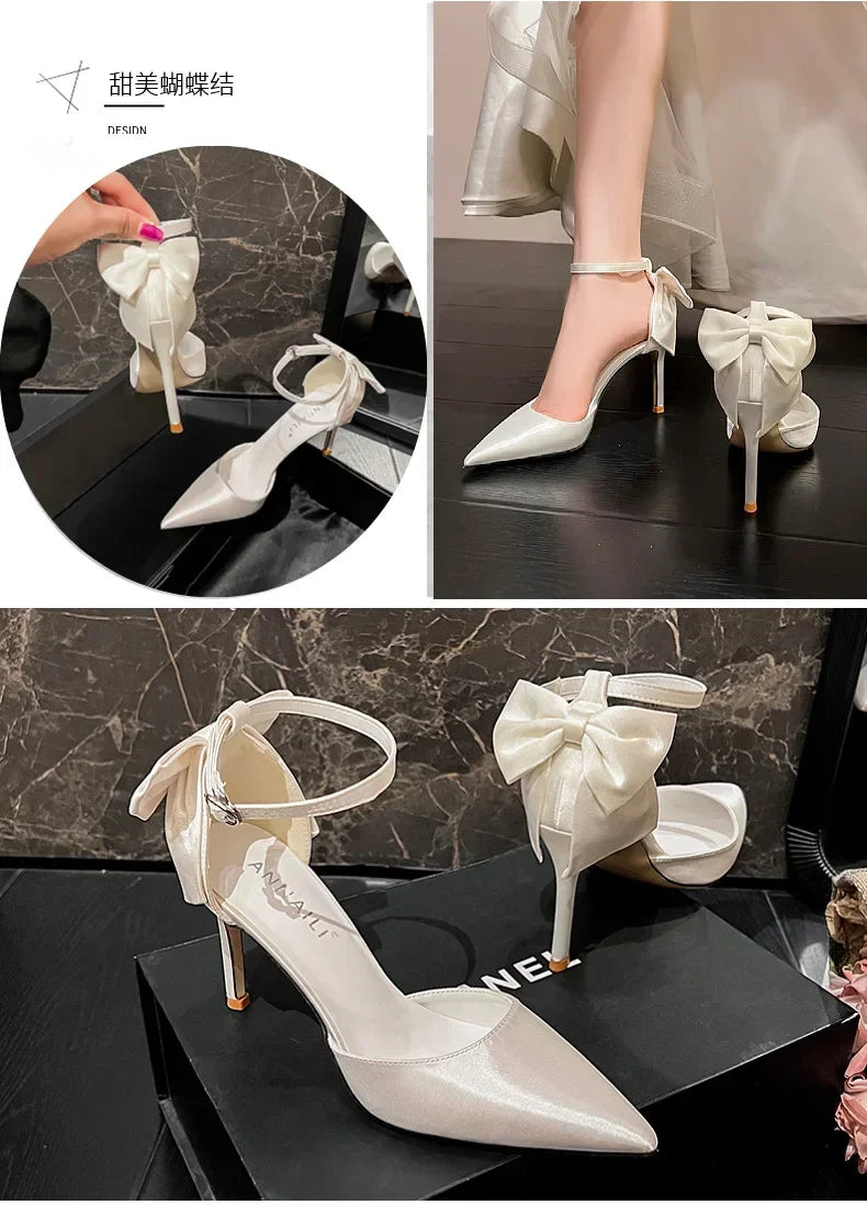 New One line Ribbon White Wedding Shoes Sweet Bow Bridal Shoes Large Heels