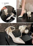 New One line Ribbon White Wedding Shoes Sweet Bow Bridal Shoes Large Heels
