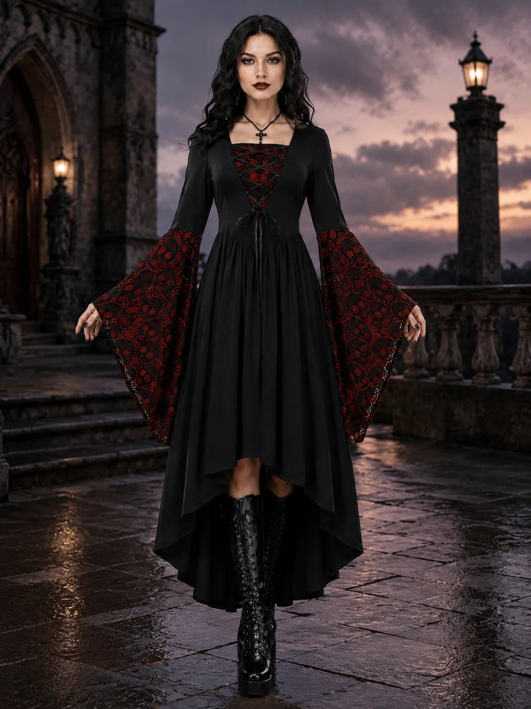 Women Gothic Medieval Dress Skull Lace Bell Long Sleeve Lace Up Front High Low Midi Dress Vintage Renaissance Witch Costume Halloween Cosplay Party Dress
