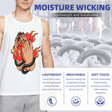Retro Flaming Praying Hands Tank Top, Vintage Gothic Fire Graphic Sleeveless Tee, Old School Tattoo Style Streetwear Vest for Men