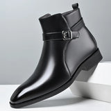 Mens Buckle Strap Ankle Boots Pointed Toe Leather Formal Chelsea Boots Man Business Dress Short Botas for Men High Top Footwear