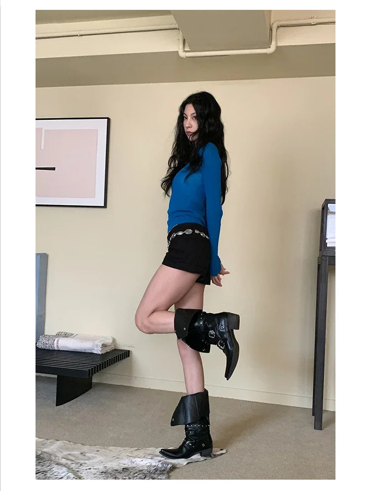 Woman Black Punk Knee High Platform Low Heel Trend Punk Gothic New Rock Leather Fashion Women Chunky Knight Motorcycle Footwear