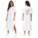 Smiley Letter Print Side Split Loose Oversized Women T‑Shirt Maxi Dress, Crew Neck Short Sleeve Casual Long Tee Dress, Soft Loungewear Nightgown, Streetwear Sundress for Daily Home Party Vacation Travel Shopping Casual Occa