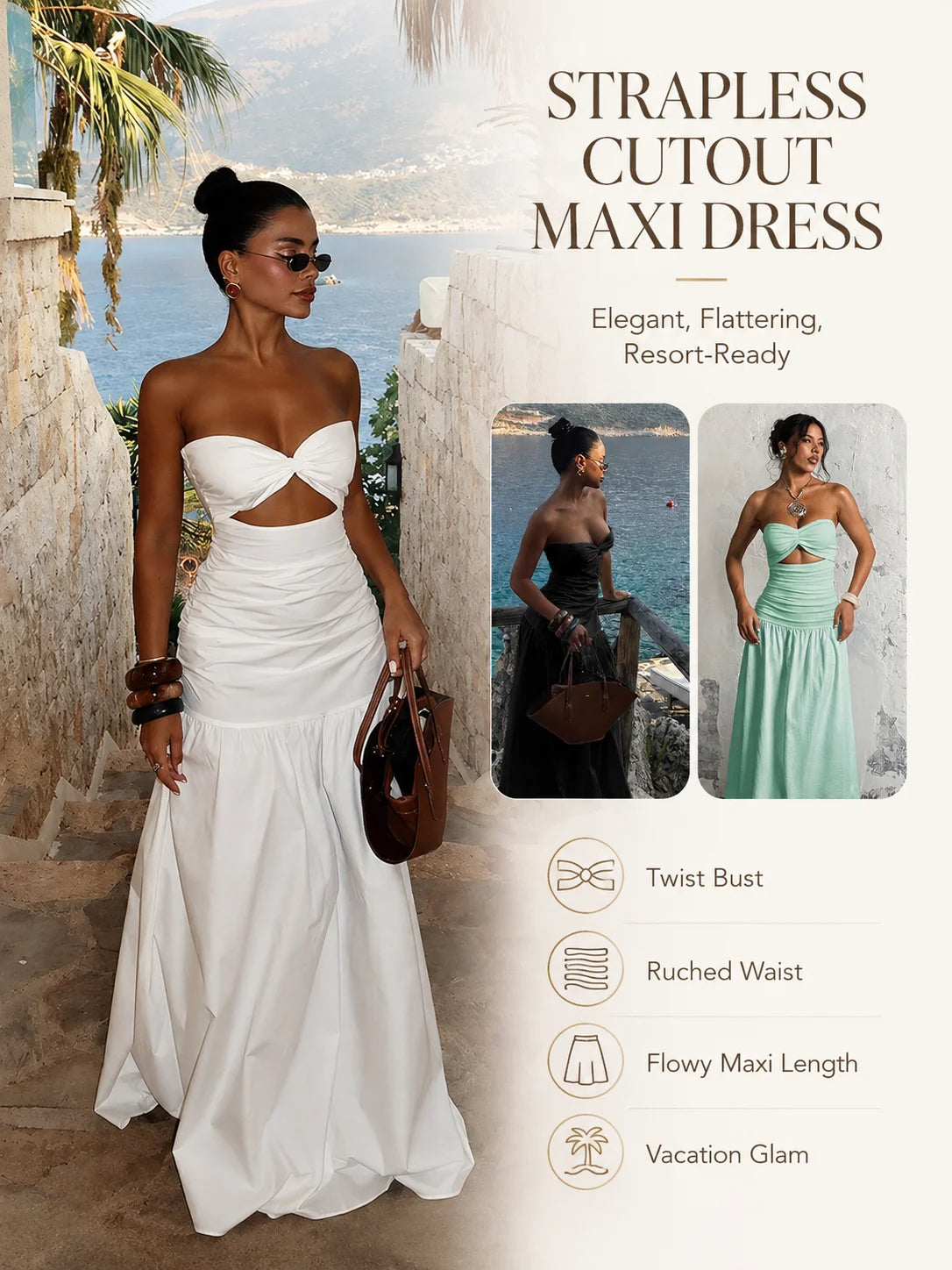 Women Strapless Twist Cutout Maxi Dress Ruched Waist Flowy A Line Long Tube Top Dress Summer Beach Vacation Casual Sundress