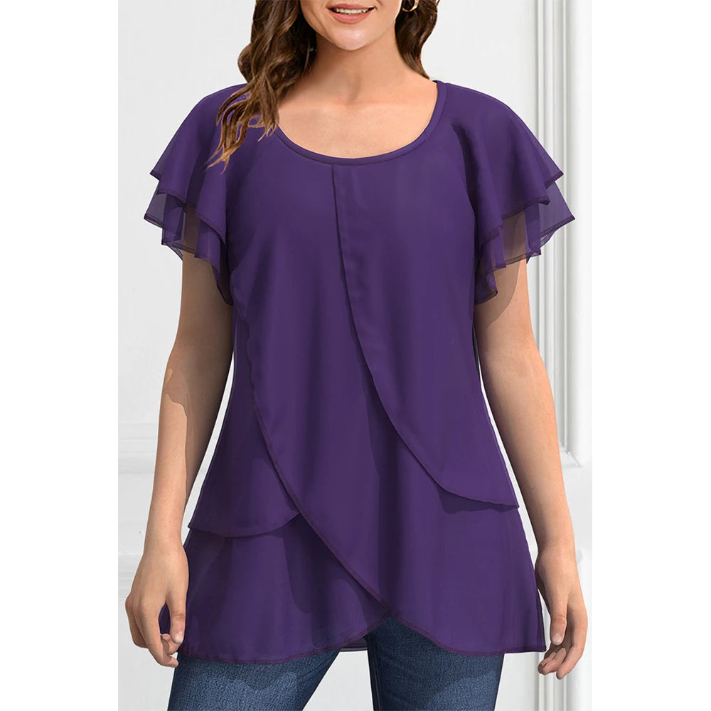 Women Plus Size Blouse Chiffon Short Sleeve Round Neck Elegant Irregular Hem Office Lady Summer Chiffon Blouse Tops