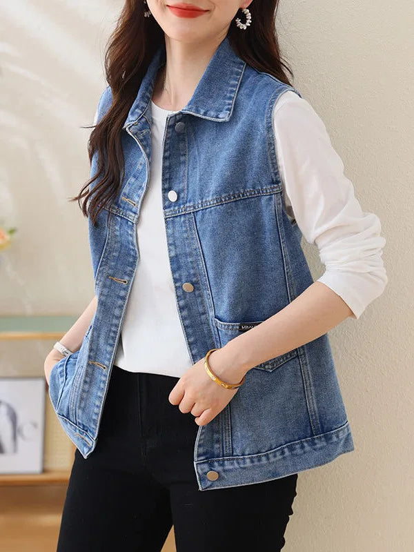 Faionable Embroidered Letter Denim Vest Women's Spring Summer New Sle Svel oulder Pad Thin Outerwear  Collar ...