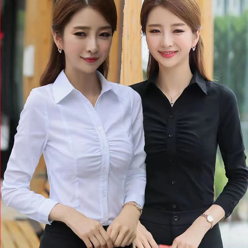Fashion Turn-Down Collar Folds Shirts Women Autumn Slim Fit Solid White Inner Wear Button Chic Design Versatile Long Sleeve Tops
