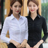 Fashion Turn-Down Collar Folds Shirts Women Autumn Slim Fit Solid White Inner Wear Button Chic Design Versatile Long Sleeve Tops