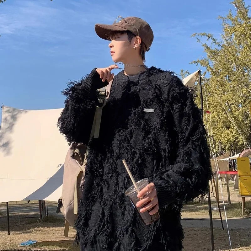 Winter Ripped Fringe Raw Edge Sweater For Men Hip Hop Fashion Knitted Pullovers Y2K Vintage Streetwear Knitwear Jersey Clothes