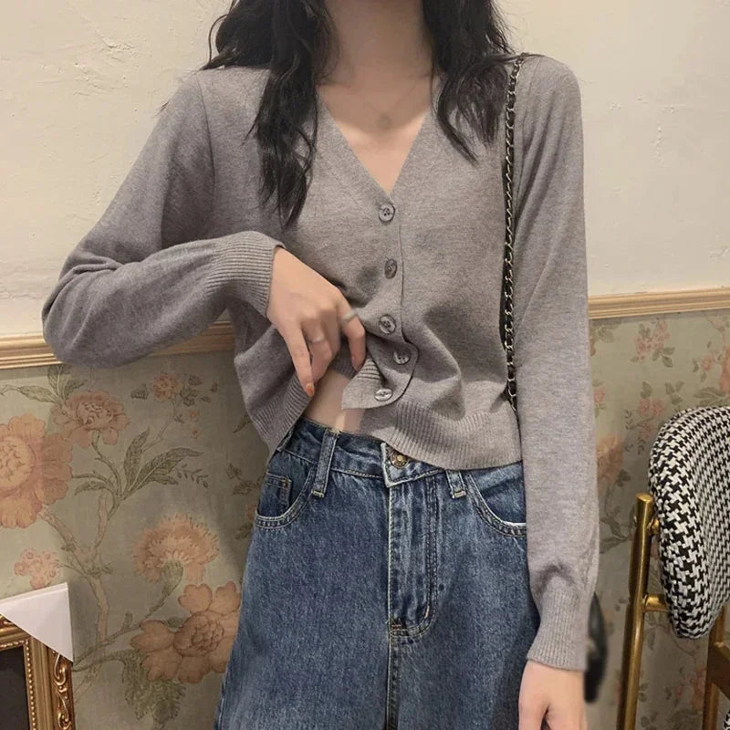 2026 Women Long Sleeve Cropped Cardigan V Neck Button Down Knit Lady Autumn Spring Knitted Single-breasted Cardigan Sweaters